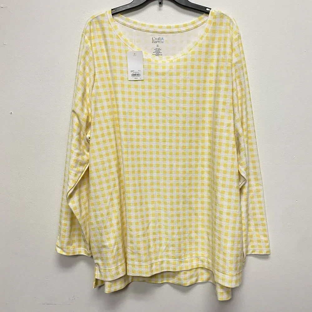 Croft & Barrow Top Womens 3X Yellow White Long Sleeved Sweater Blouse Casual